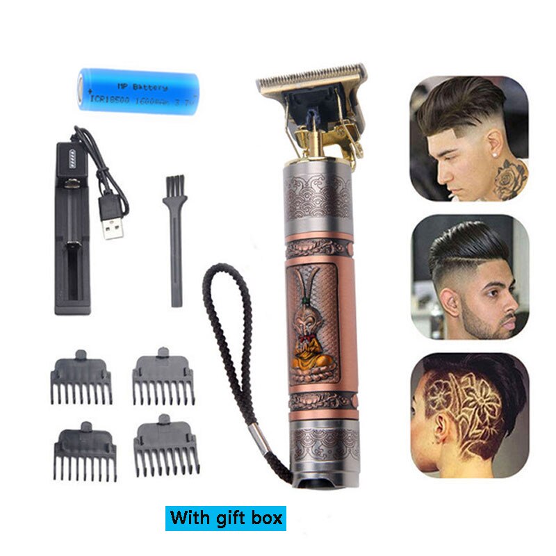 Hårtrimmer frisör frisyr laddningsbar hårklippare sladdlös hårklippningsmaskin för män skäggtrimmer 0mm rakkniv: Wukong presentförpackning