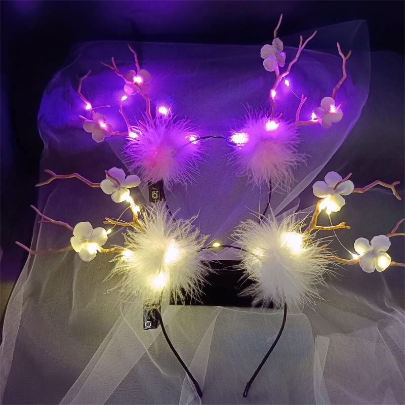 Bandeau en bois lumineux, serre-tête de noël, oreilles de chat, élan, baies, accessoires pour cheveux, scénique, spectacle Photo,