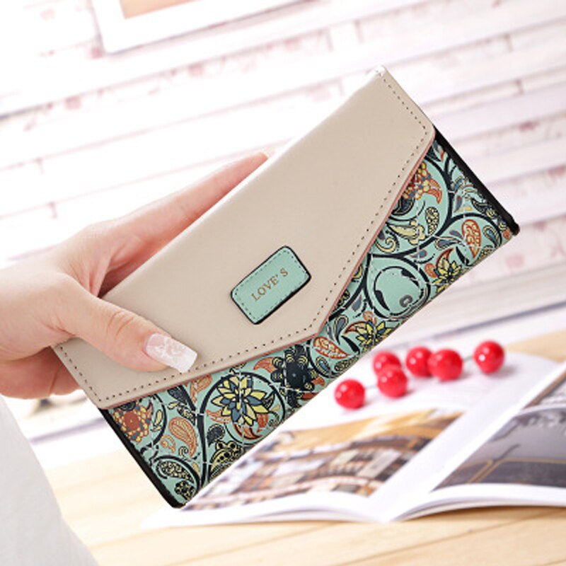 Envelope Women Wallet Hit Color 3Fold Flowers Printing PU Leather Wallet Long Ladies Clutch Coin Phone Purse