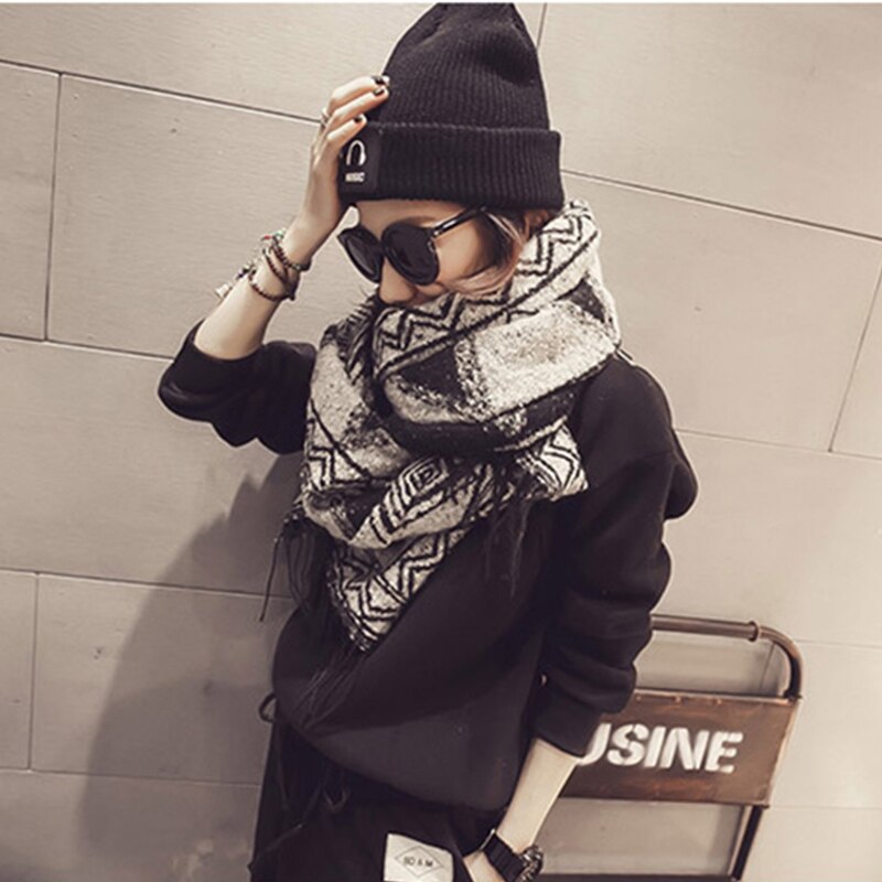 Dobbelt-brug tørklæde sjal retro etnisk stil geometrisk mønster rhombisk fryns kvast tørklæde