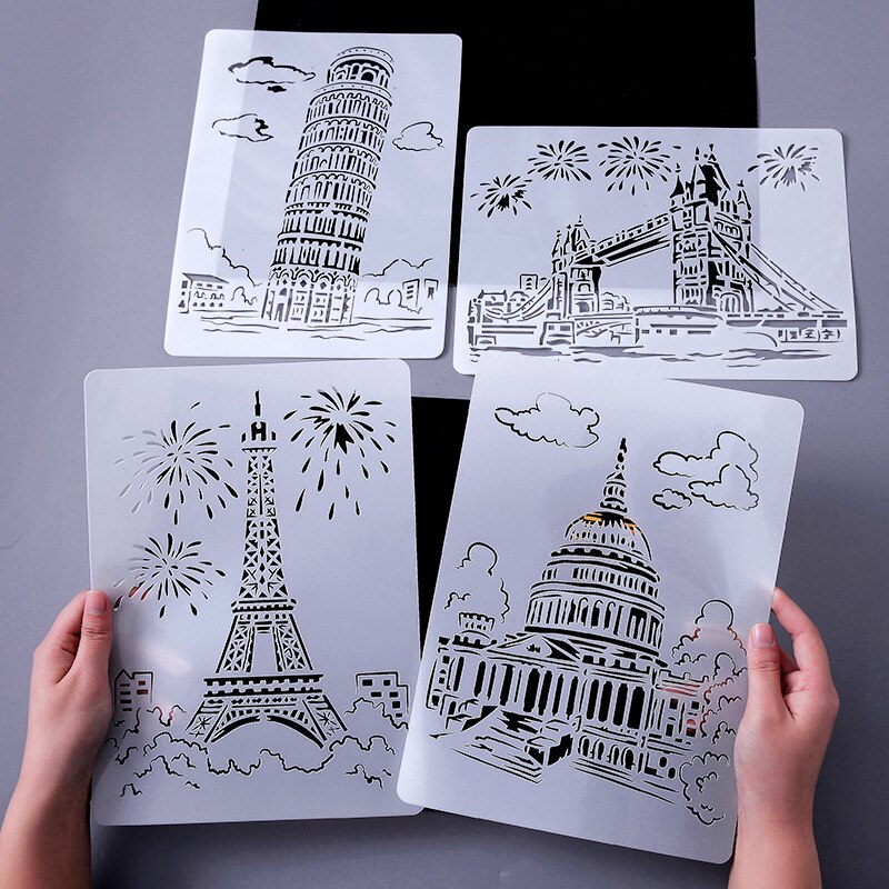 Szablon do wytłoczeń punktowych Pre Tracing linijka wieża eiffla Big Ben Spray/ściany ręcznie malowanie szablony DIY Scrapbooking dekoracja albumu