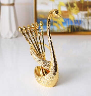 Fruit fork set zinc alloy lovely household fruit sticks with European fork Swan shaped tableware mini spoon tiny spoon: Brown