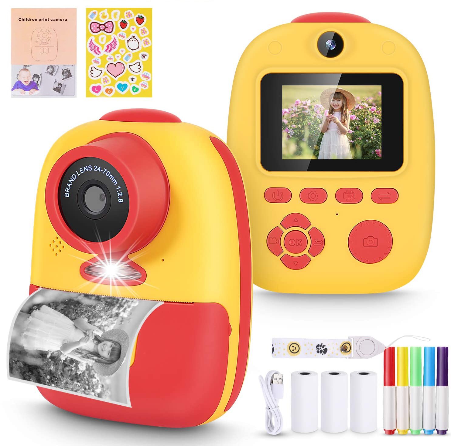 Juguete Polaroid para niños, cámara Digital creativa con luz de relleno LED integrada, 2600W píxeles: Yellow and Red