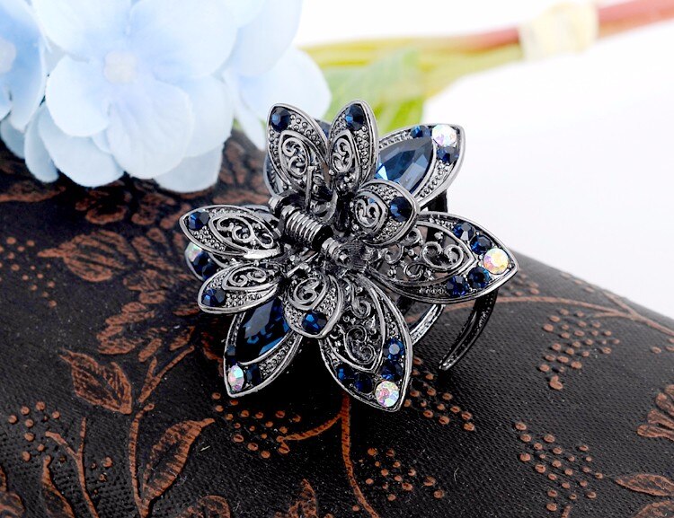 Vintage fleur cristal cheveux griffes pince strass épingle à cheveux cheveux bijoux charme cheveux accessoires pour les femmes: blue