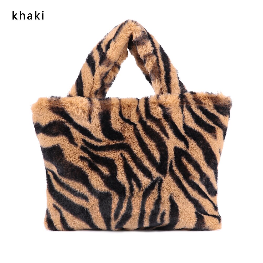 1 pc leopard plysj veske med kjede myk skulderveske for kvinner stor vinter messenger bag varm pels veske: Khaki