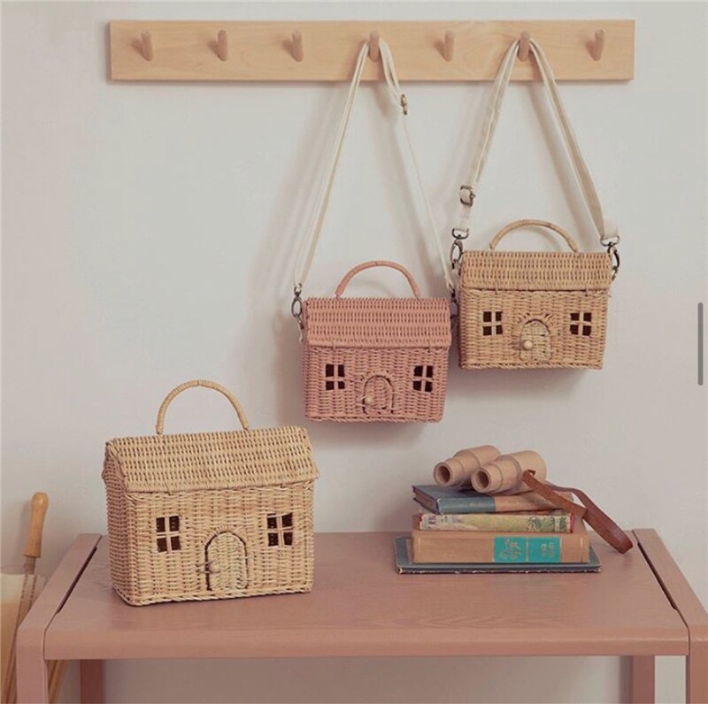 Creatieve Huis Vorm Rotan Vrouwen Handtassen Rieten Geweven Schouder Crossbody Tassen Grappige Zomer Strand Strozak Handgemaakte Reistas