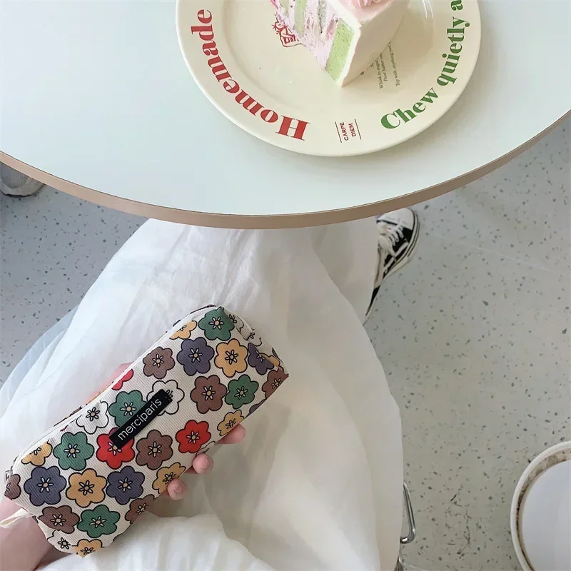Women Corduroy Flower Cosmetic Bags Travel Brush Lipstick Storage Case Female Makeup School Stationery Pencil Cases
