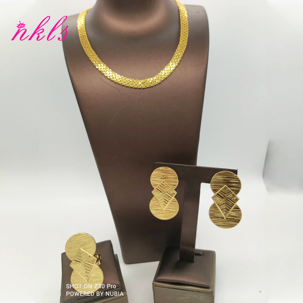 Juegos de joyas para mujer, cadena de Color dorado, pendientes de de lujo, anillo etíope, la última , joyería africana nigeriana para