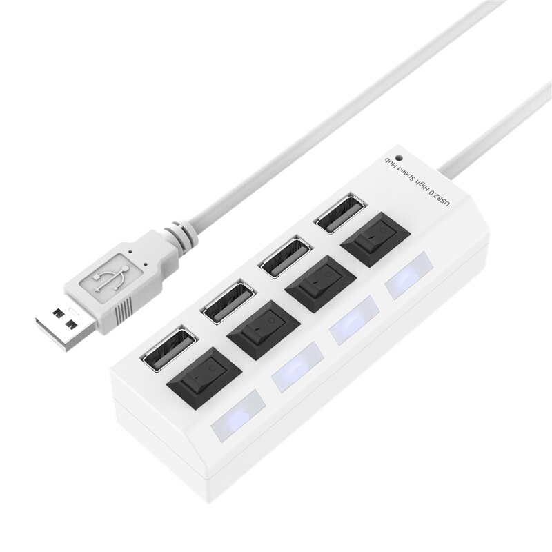 Robotsky usb 2.0 hub 4 portas de alta velocidade divisor usb com led indicador de ligar/desligar interruptor para desktop notebook portátil: White