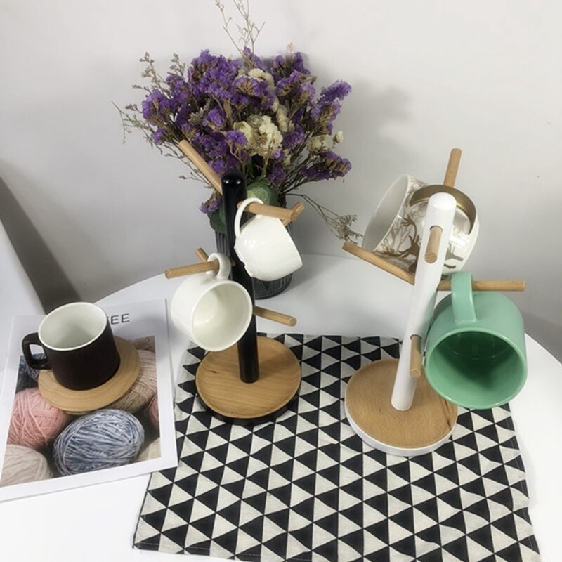 Estante de madera para colgar tazas, estante para vasos con 6 ganchos, soporte de madera para tazas de té o café, soporte blanco
