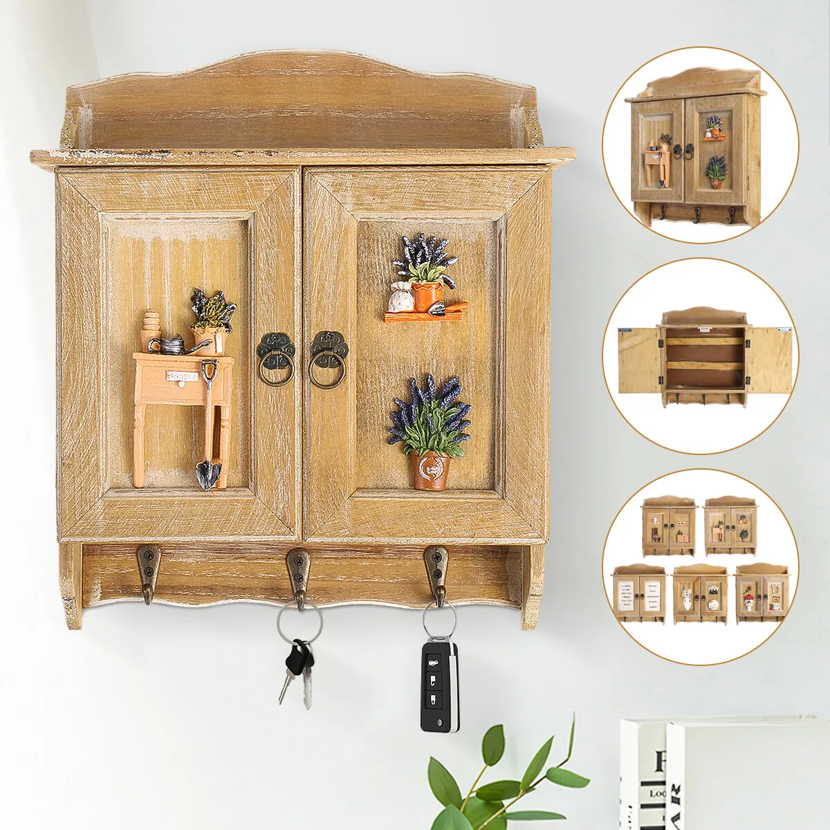 Caja organizadora Retro de madera con puertas dobles, estante organizador con 9 ganchos, soportes montados en la pared para armario, decoración para el hogar y la sala de estar