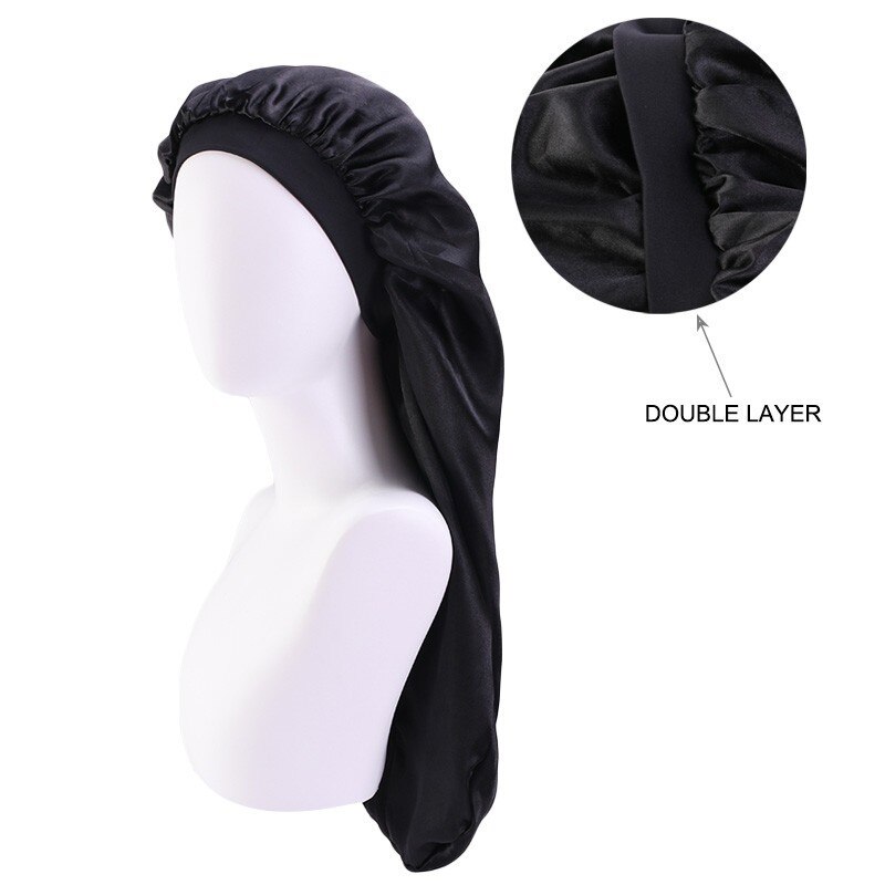 Gorro de satén de doble capa Extra grande, gorro cilíndrico largo para dormir de noche, cubierta para cabeza, turbante, complemento de cabeza para musulmanes africanos: Negro