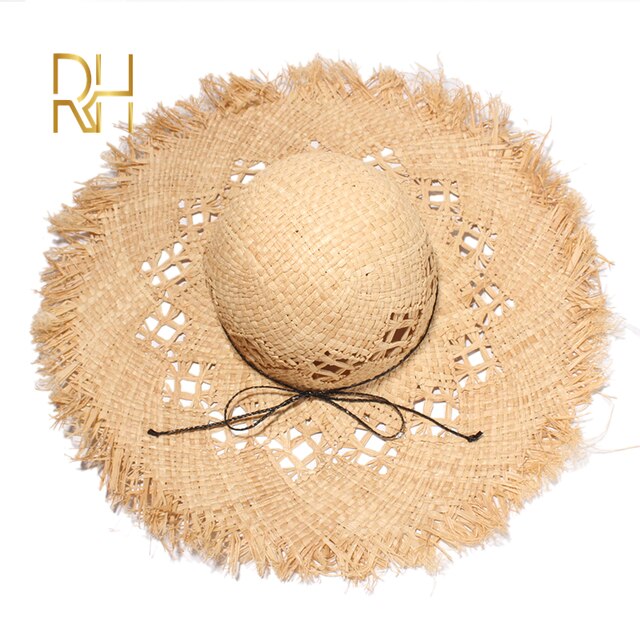 ZZDH Strooien Hoed Vrouwen Handgemaakte vrouwen stro hoed zon hoed groot brede rand meisje hoge kwaliteit strand stro hoed vakantie zon hoed (Color : Beige, Size : One Size