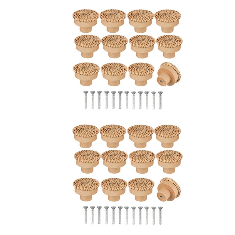 ABKW-Boho Rattan-Kommodenknöpfe, runde Schubladenknöpfe aus Holz, handgefertigt, Korbgeflecht, gewebt und Schrauben für Boho-Möbelknöpfe, 24 Stück: Default Title