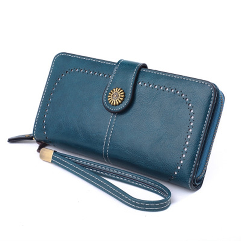 Damen-geldbörse aus gewachstem leder im retro-stil mit langem reißverschluss, handytasche, kartenetui und handtasche.