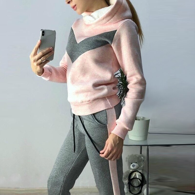 Ensemble de survêtement femme décontracté rayé bloquant côté manches longues sweat-shirt et pantalon de survêtement 2 pièces tenue ensembles vêtements de sport: pink / M