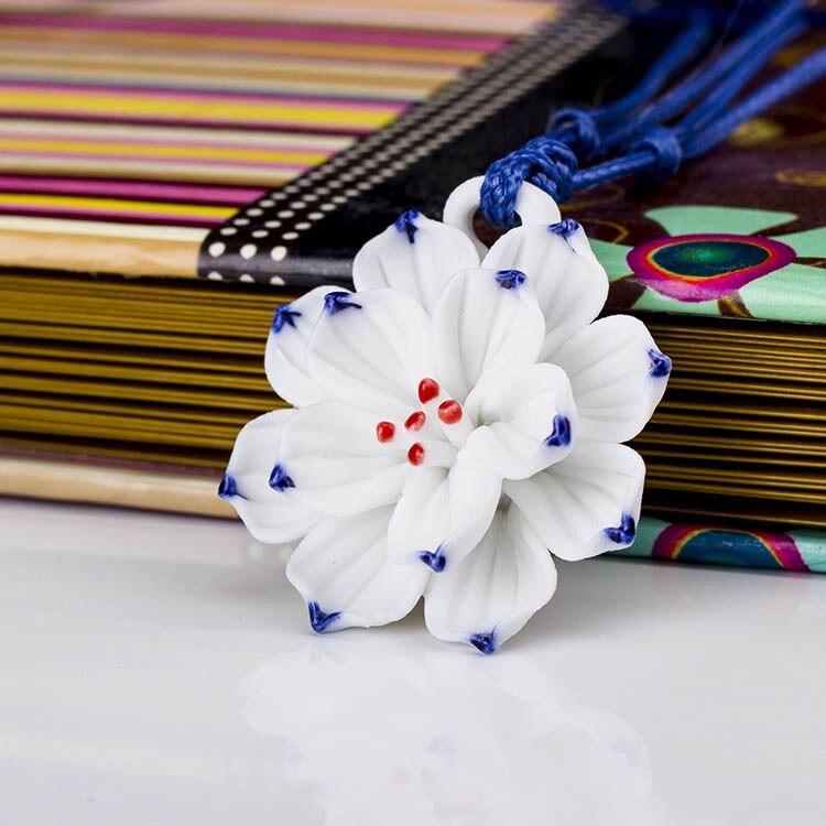 Vintage Stijl Blauw En Wit Keramische Handgemaakte Lotus Bloem Hanger Ketting Chinese Stijl Etnische Stijl Lange Ketting Vrouwen Lady