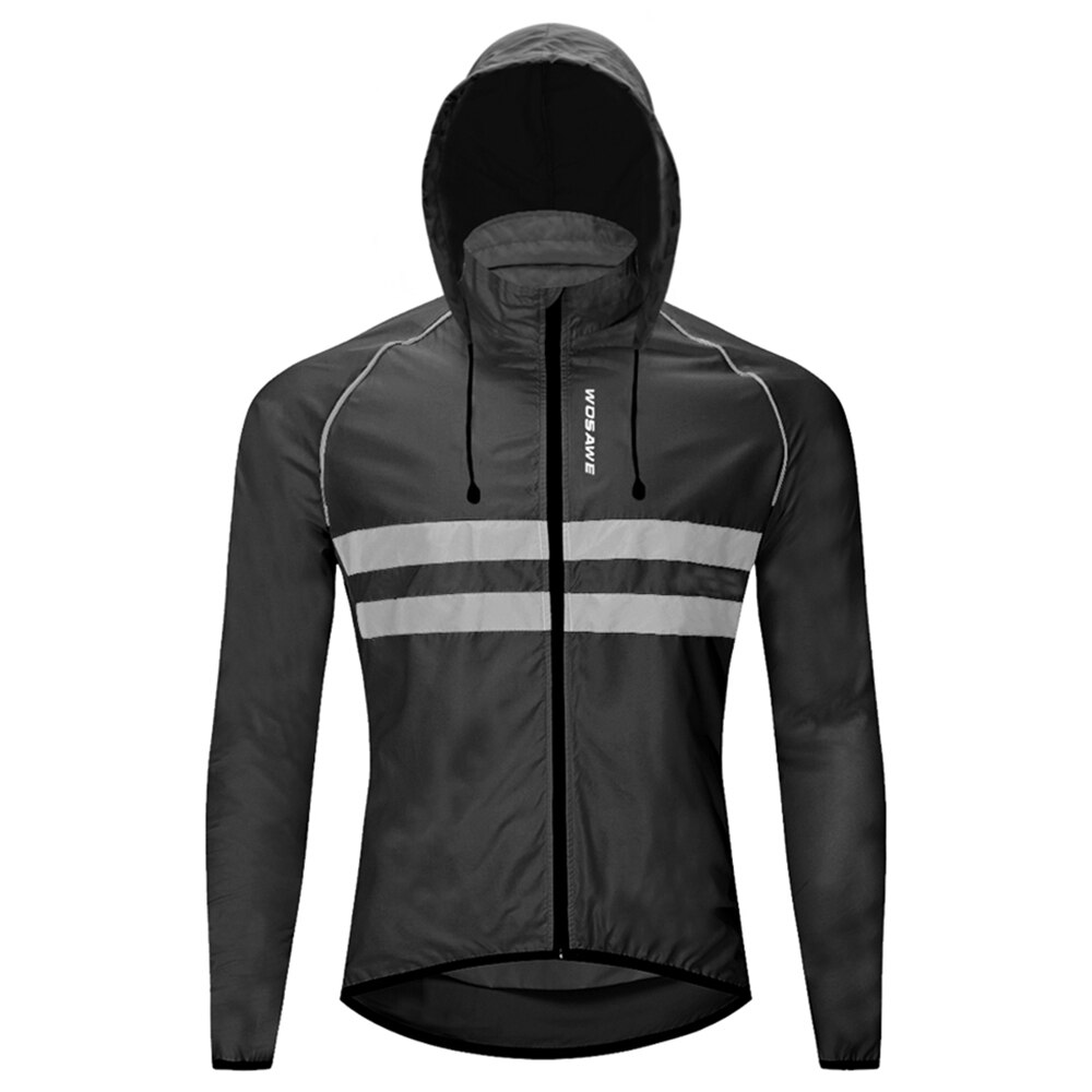 Windproof Hooded Cycling Jacket Breathable High Visibility Reflective Men Bike Bicycle Riding Sports Coat Jacket: Black / M