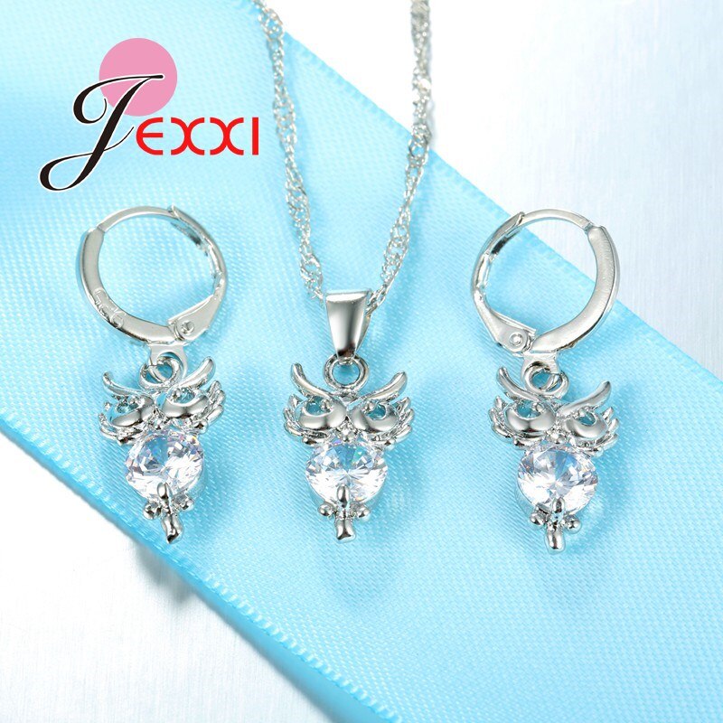 Cute Lovely Owl Cubic Zircon Crystal 925 Sterling Silver Pendant Necklaces Earrings Jewelry Set For Girls Party