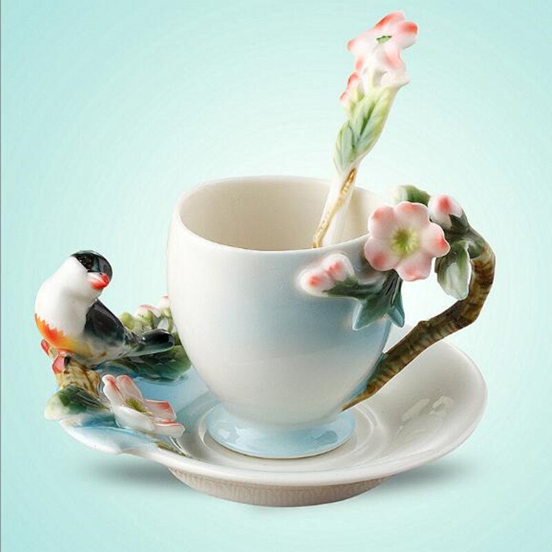 Keramik Tasse Elstern Pflaume Blüte Emaille farbe Kaffee Tasse mit Untertasse und Löffel Europäischen Kreative Tee tassen Tee tasse einstellen