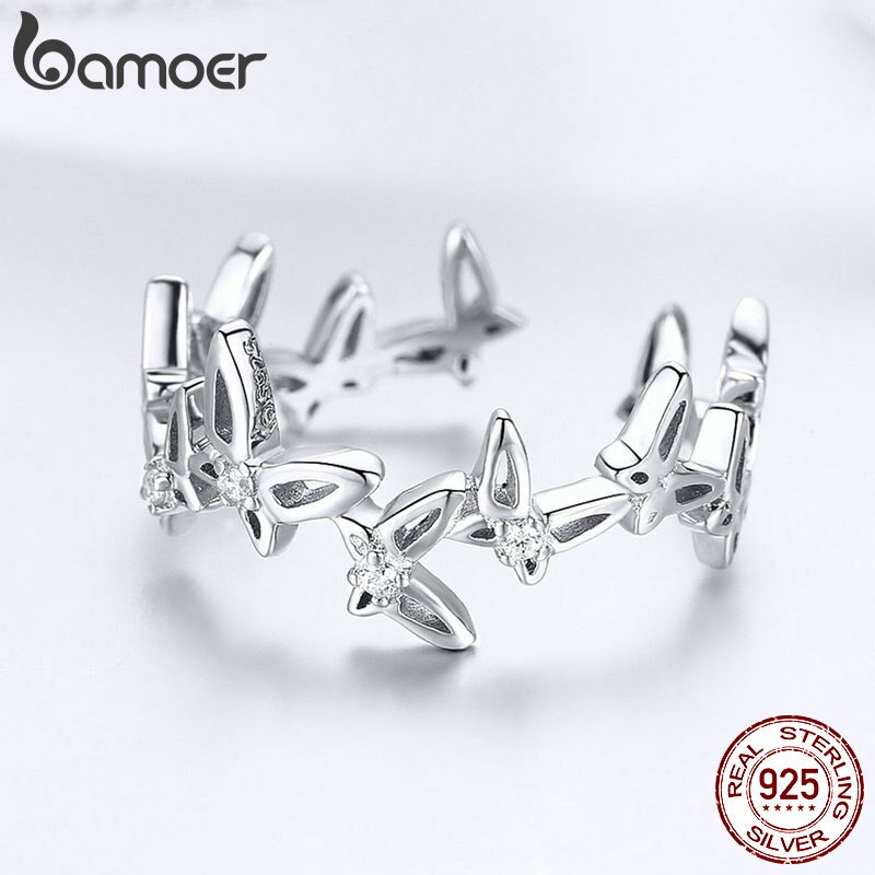 Bamoer 925 sterling sølv stabelbar dans sommerfugl åben størrelse fingerringe til kvinder luksus sølvsmykker bsr 027