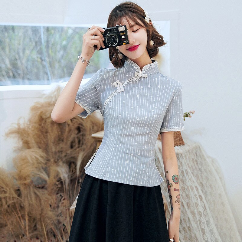Sheng Coco Vrouwen Qipao Blouses Katoen Linnen Hanfu Overhemd Tweedelige Set Cheongsam Tops Pak Vintage Chinese kleding