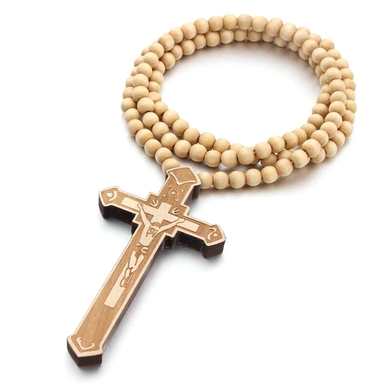 Günstige Schwarze Gebetskette mit Knoten, Braune Holzperlen und Jesus-Kruzifix