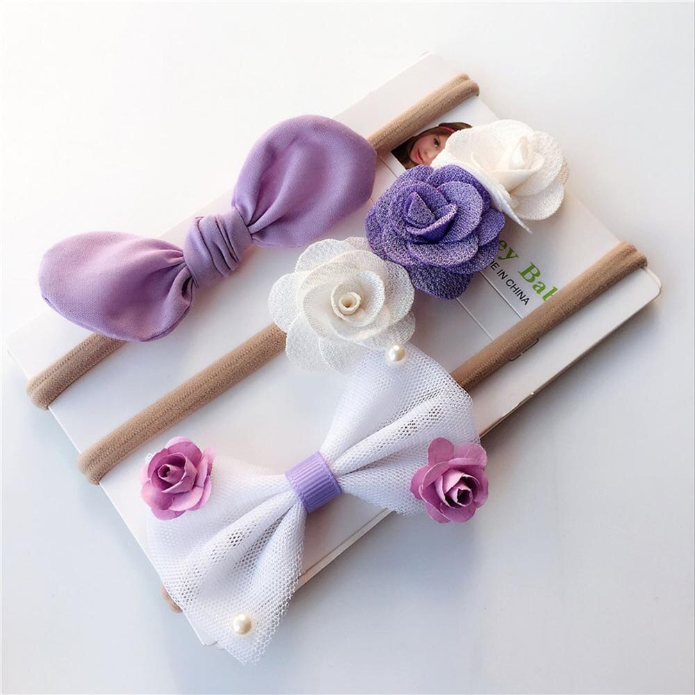 3 unids/set Multi colores diadema para bebés (niñas) suave encantador conejo flaco oreja nailon elástico flor diadema de lazo para la cabeza: Púrpura