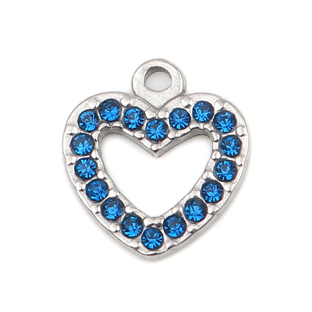 Doreen Box Stainless Steel Pendant Charms For Necklace Making Heart Series Silver Color Clear Rhinestone 15mm x 14mm, 2 PCs: 6