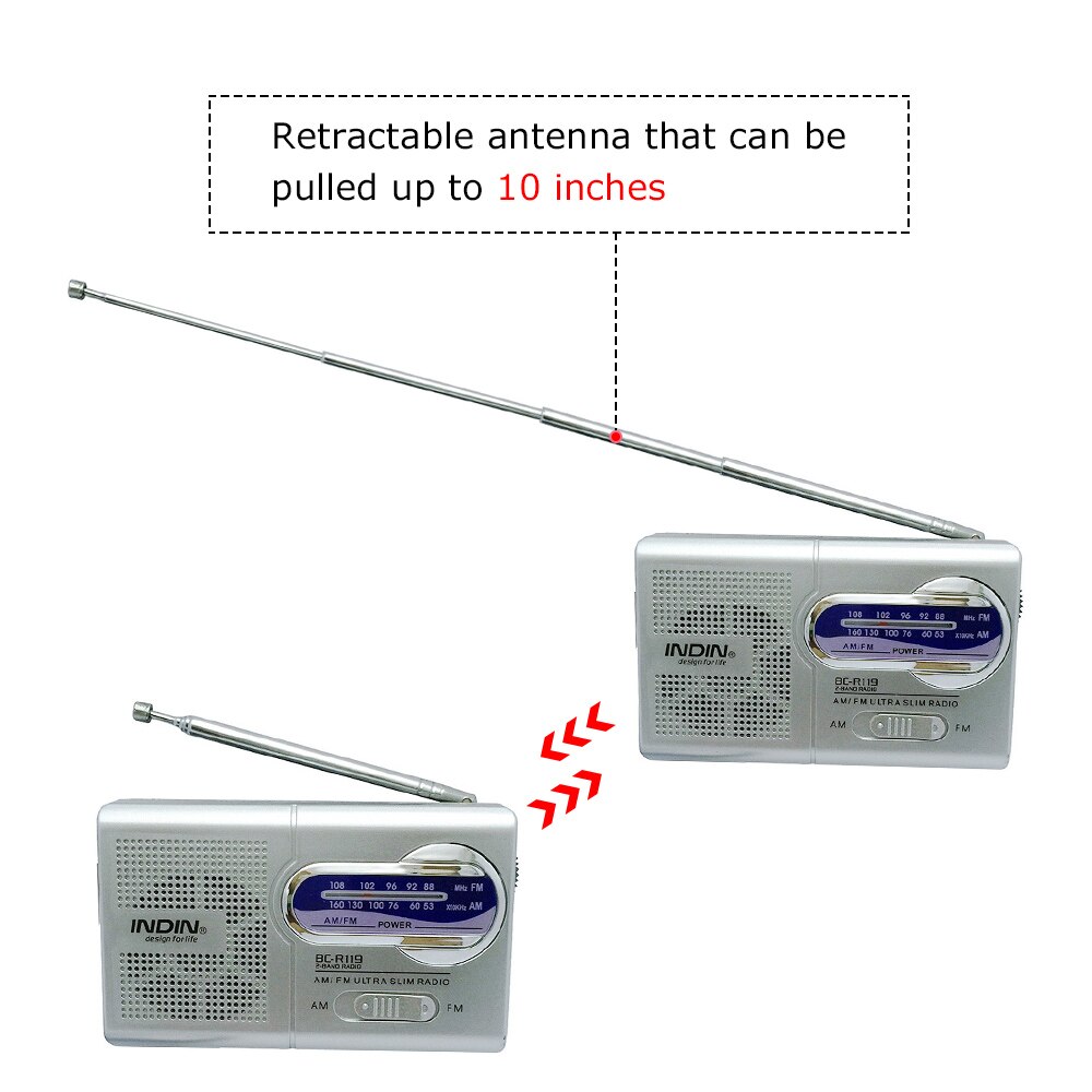 INDIN BC-R119 Portable Mini AM FM Radio Stereo Speakers Music Player Dual Band Receiver Channel 88-108MHz Antenna Audio Player