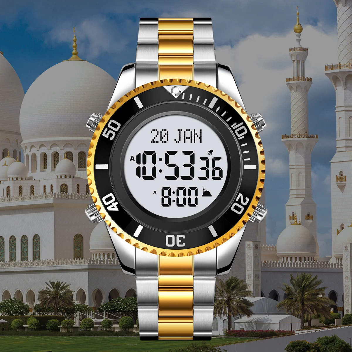Skmei 2141 digital klocka i rostfritt stål, muslimsk azan, bönekompass, adhan-alarm, hijri, islamisk armbandsur med bakgrundsbelysning