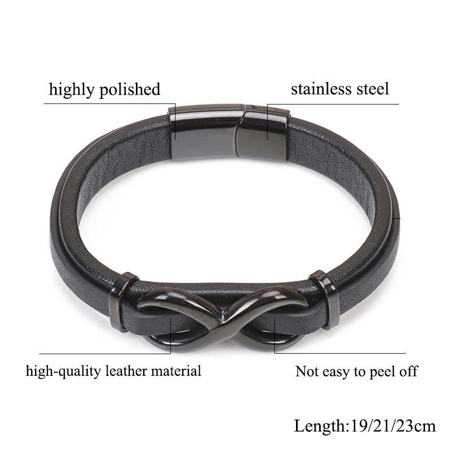 Mkendn zwarte titanium roestvrijstalen magnetische leren armband voor heren en dames, infinity sieraden, power bangels, vriendschap