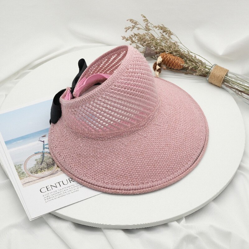 Sombreros de Sol para mujer, sombrero de paja plegable con lazo clásico, de ala grande, informal, para playa al aire libre, protección UV, para verano: Rosa