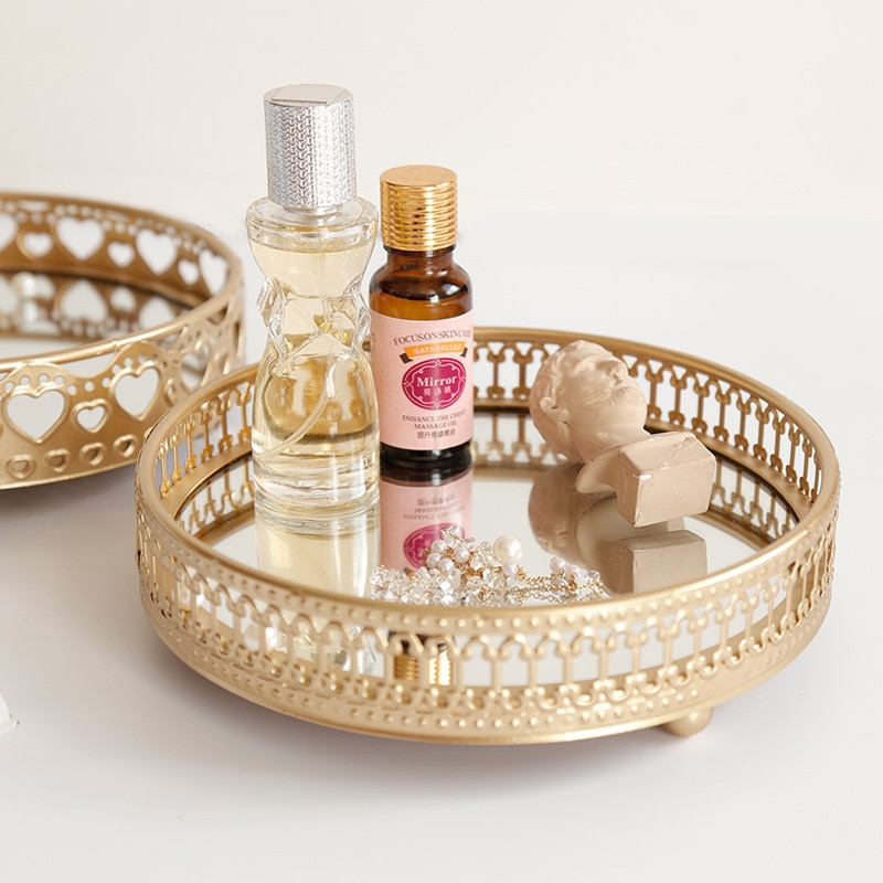 nordisch Luxus Gold Glas Spiegel Ablage Moderne Kunst Metall Snack-fach Ornament Hause Dekoration Zubehör Zimmer Dekor