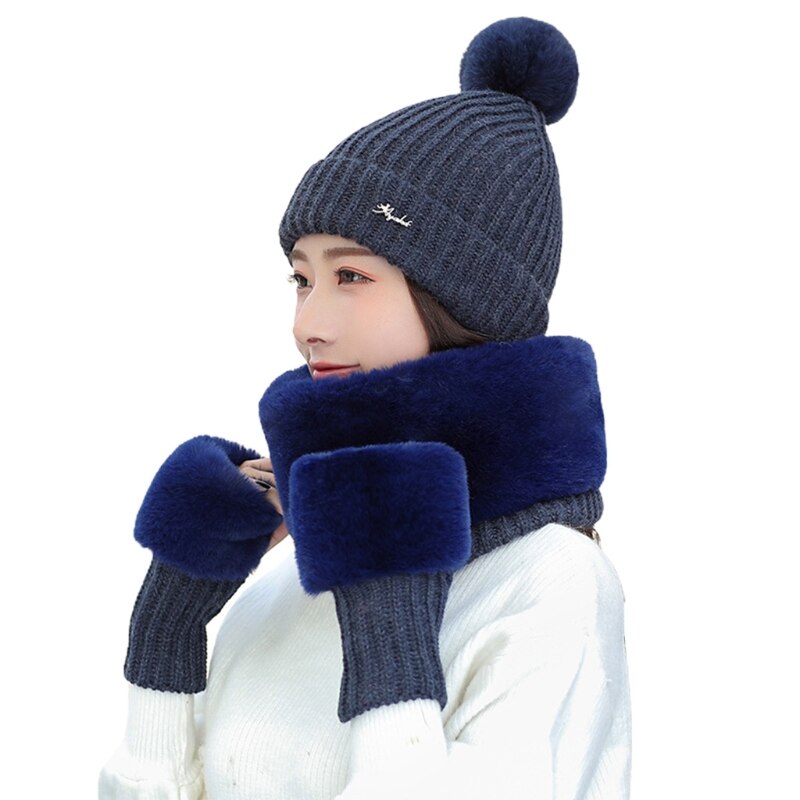 Dames winter 3 stuks pompom muts harige cirkel sjaal vingerloze handschoenen set  x7jb
