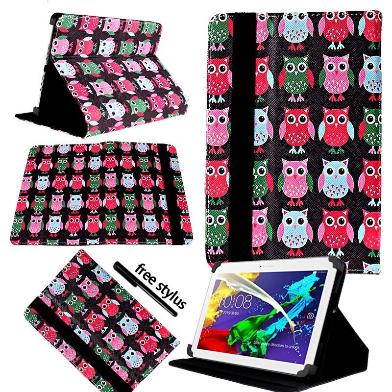 KK&LL For Lenovo Tab 2 A10-70 10.1 Inch - Leather Tablet Stand Folio Cover Case + Free stylus: Black Owls