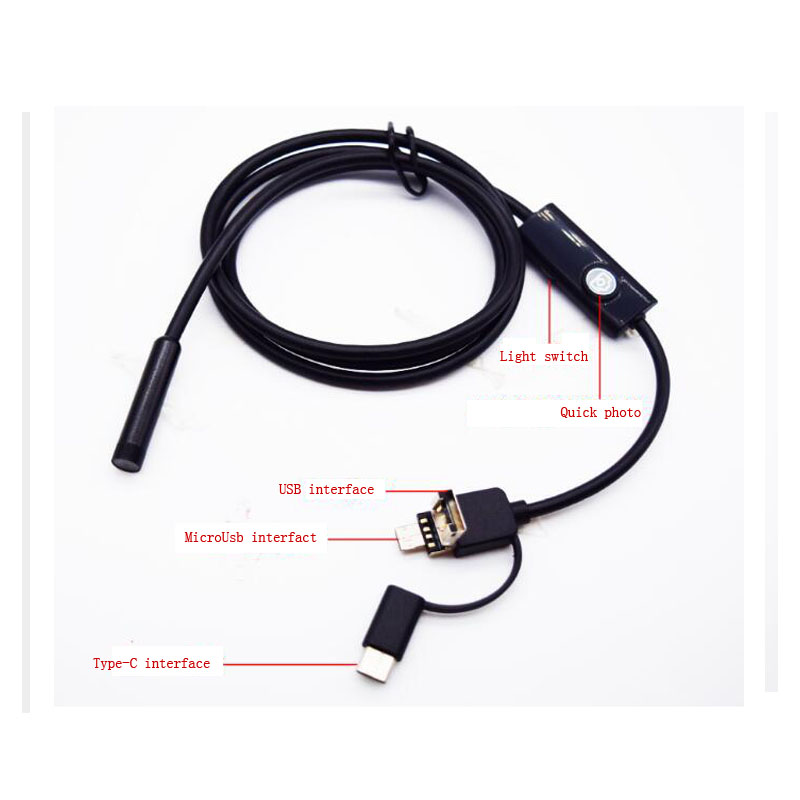 720P USB Camera 3 In 1 Industrial Endoscopy Camera 8mm Endoscope Camera IP67 Waterproof Belt 6 LED For Android Mobile Phone