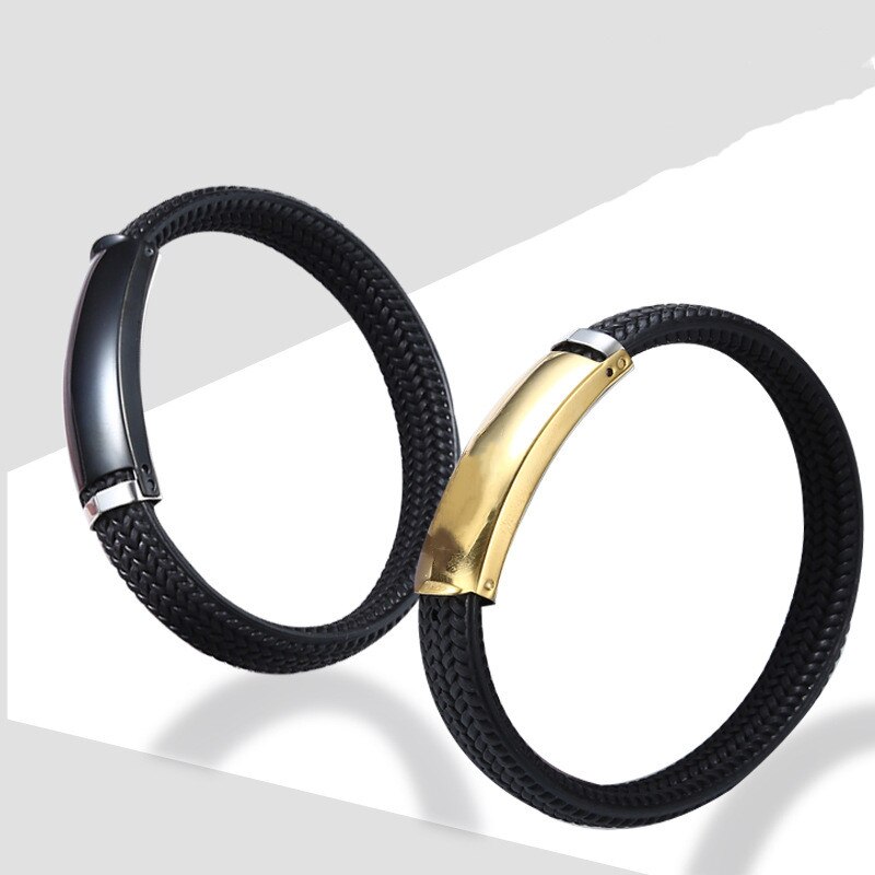 Klassieke Stijl Mannen Siliconen Armband Zwart/Zilver Kleur Rvs Knop Neutrale Accessoires Hand Geweven Sieraden