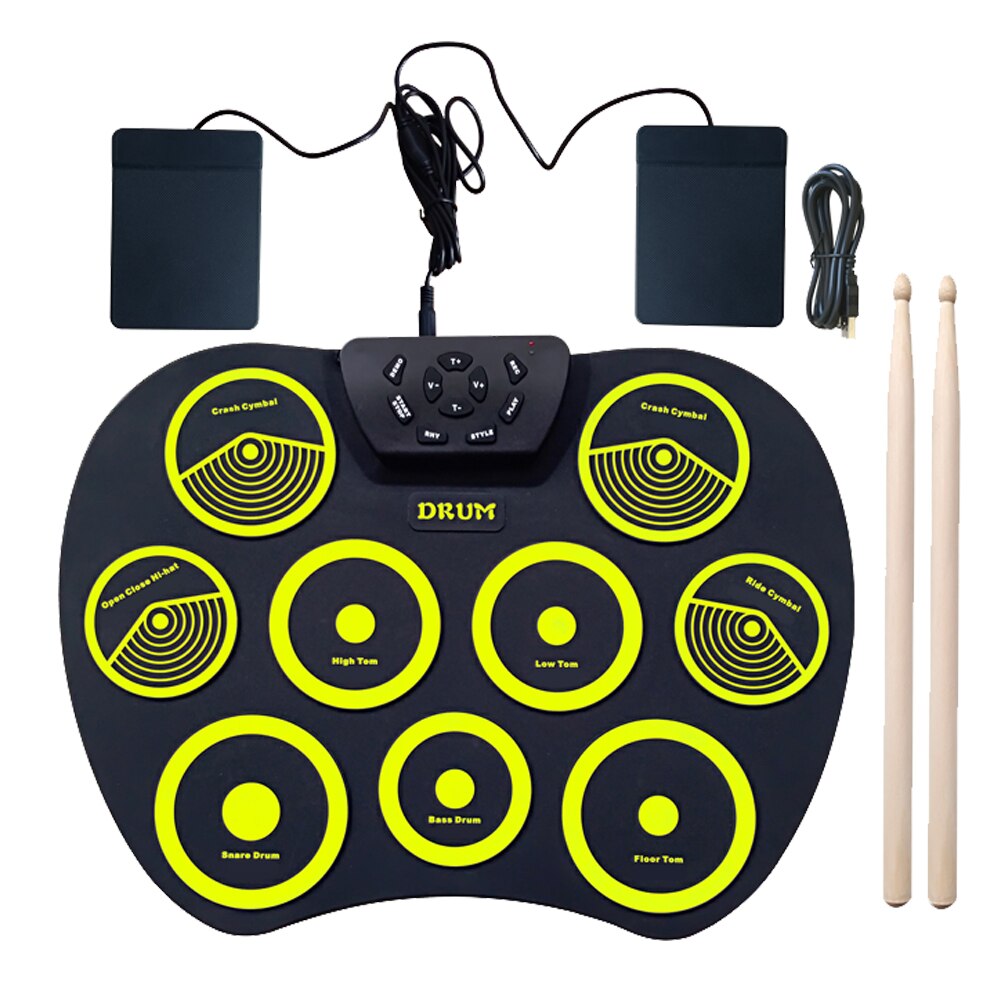 Portable Electronics Drum Set Roll Up Kit 9 Silicone Pads USB Powered with Foot Pedals Drumsticks Cable