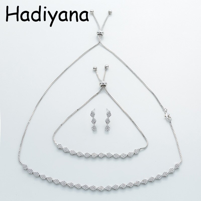 Hadiyana ovale ketting met zirkonia, sieradenset voor dames, koperen ketting, armband en oorbellen, set van  tz8054: Witgoud