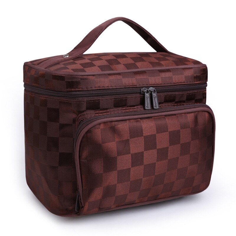 Do Not Miss Women Cosmetic Makeup Bag Folding Travel Makeup Organizer Bag Waterproof Cosmetic Bag Makeup Brushes Case Wash Bags: Brown lattice