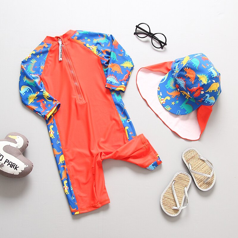 Swimming Suit for Boys Dinosaur Print Long Sleeves Children's Bathing Suit for Boy One Piece Kids Swimwear Beach UV Clothing