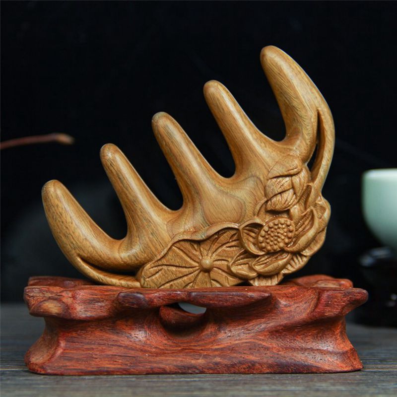 Green Sandalwood Massage Comb Carved Lotus Head Meridian Scraping Wide Tooth Comb Blood Circulation Acupoint Gua Sha Health Care