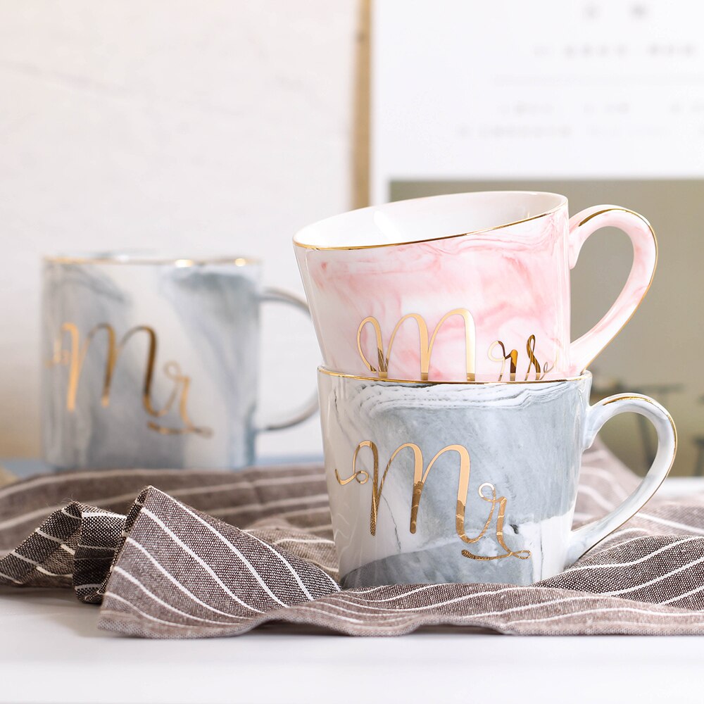 380ml Marble Ceramic Mug Travel Coffee Mug Milk Tea Cups Mr and Mrs Mugs Pink Gold Inlay Breakfast Home Decor