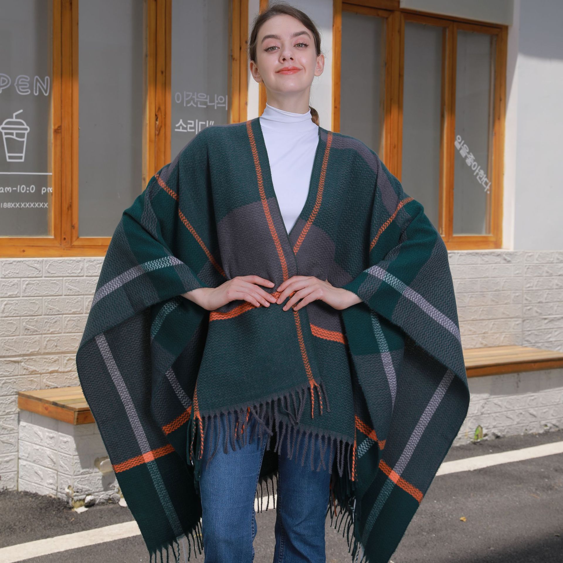 Autumn Winter Warm Tassel Cardigan Poncho Cape Blanket Women Knitted Jacquard Striped Outerwear Shawl Cloak