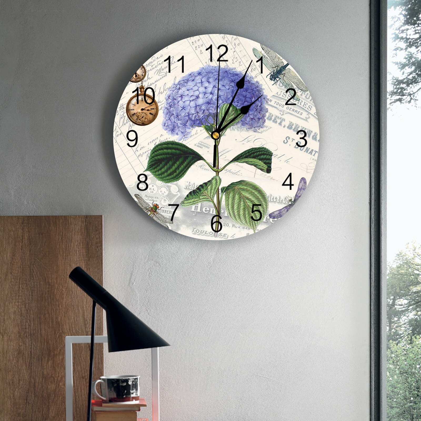 Purple Flower Dragonfly Wall Clock Home Decor Bedroom Silent Oclock Watch Wall Digital Clock