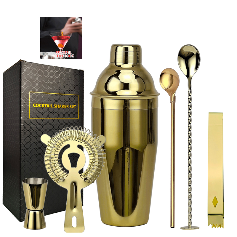 Ensemble de Shaker à Cocktail de Boston en or Rose, Kit de barman, pour boissons mixtes, outils de Bar à domicile Martini, pour débutants, 6 pièces: Gold-750ML