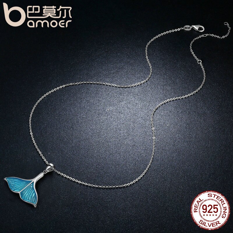 BAMOER 925 Sterling Silber Ozean Meer Blau Emaille Fisch Wal Schwanz Meerjungfrau Anhänger Halsketten Frauen Silber Schmuck Brincos SCN096