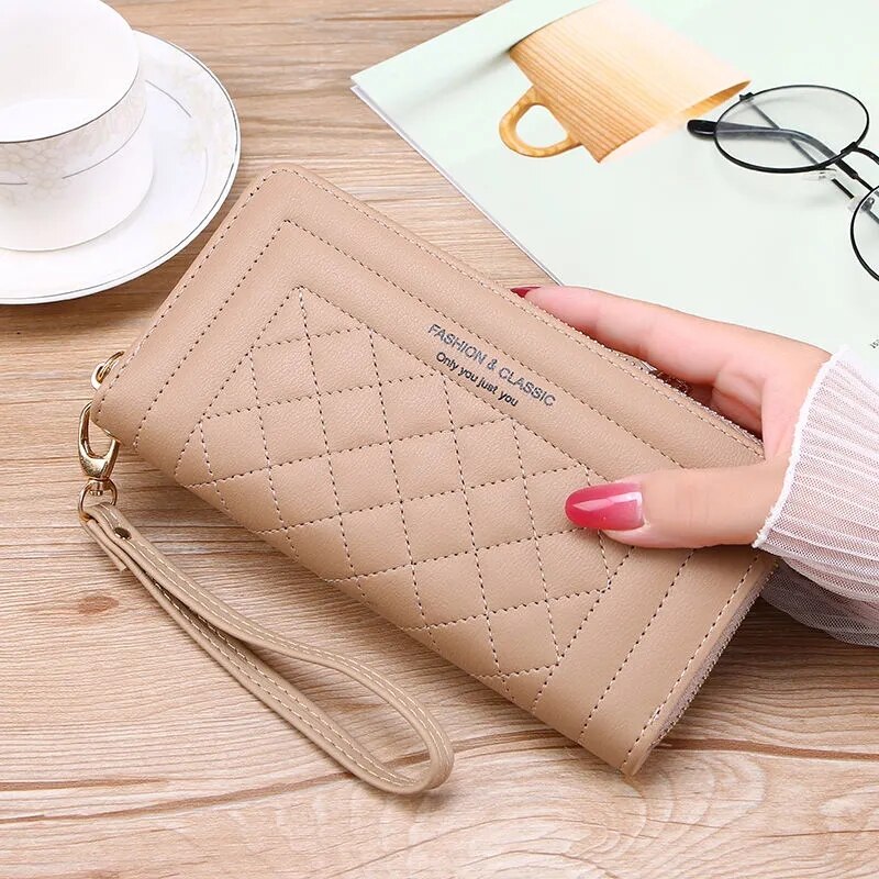 Podwójny długi portfel z zamkiem dla kobiet duża pojemność wysokiej jakości Pu skórzane portfele saszetka typu Clutch torebka Carteras Para Mujer: Single zipper khaki