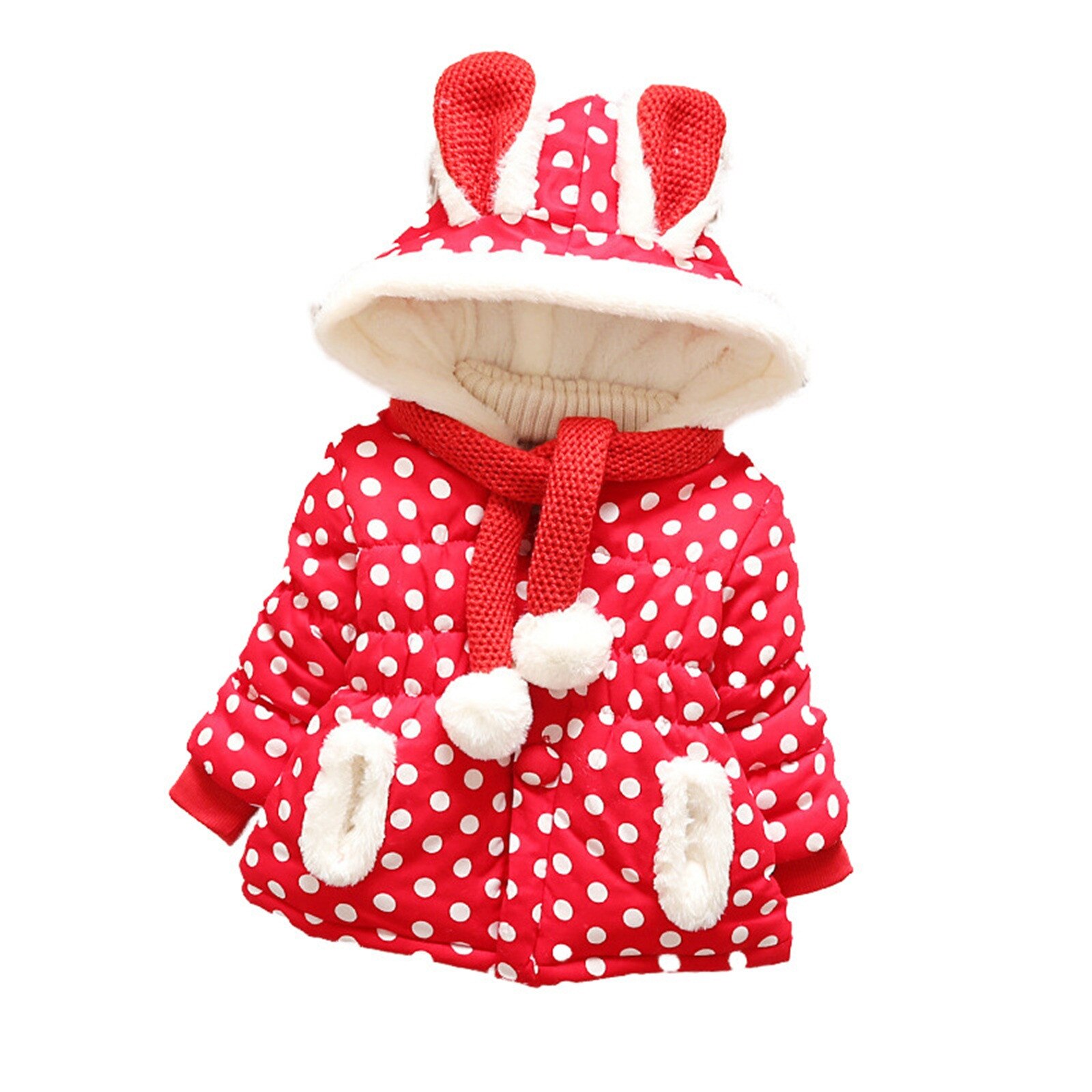 Veste à pois 3D pour bébés filles et garçons, à capuche, avec oreilles, manteau coupe-vent, vêtements d&#39;extérieur avec écharpe, hiver 2022: Red  / 18-24 M